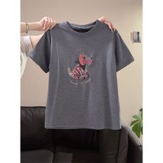 广州面料水柔棉胖mm大码女装韩系刺绣灰色短袖t恤女夏季上衣