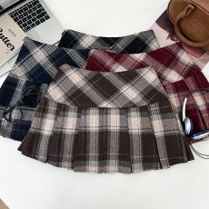 批发实价韩版复古百搭格纹高腰显瘦百褶裙防走光短裙半身裙a字裙女