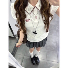 批发实价韩系学院风新款套装女甜辣妹Polo短袖上衣+格纹百褶裙一整套