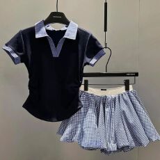 批发实价蓝格纹撞色POLO翻领T恤2026新品<b class='q'>时尚</b>简约正肩短袖短裙<b class='q'>女套装</b>