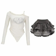 批发实价超仙纯欲穿搭套装女修身显瘦上衣超重工蛋糕<b class='q'>蓬蓬</b>裙两件套