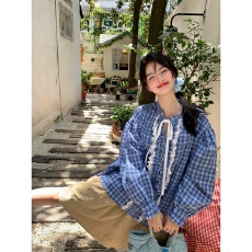 批发实价甜美木耳花边系带蓝色<b class='q'>格子</b><b class='q'>衬衫</b>女春秋新款宽松法式灯笼袖上衣