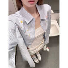 批发实价韩系多色花朵刺绣长袖衬衫外套女春秋新款设计感条纹显瘦衬衣