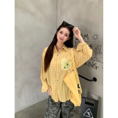 批发实价学院风趣味印花格纹翻领<b class='q'>衬衫</b>女秋季新款设计感宽松<b class='q'>格子</b><b class='q'>衬衣</b>