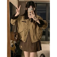 批发实价 露思同款复古撞色翻领长袖外套高腰百褶半身裙女秋季夹克