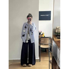 批发实价猫咪贴布绣格纹长袖<b class='q'>衬衫</b>女春秋慵懒风外套情侣宽松撞色<b class='q'>衬衣</b>潮