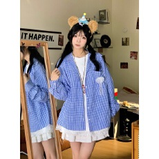 批发实价美式高级感蕾丝花边<b class='q'>格子</b><b class='q'>衬衫</b>女春秋新款宽松小众长袖防晒上衣