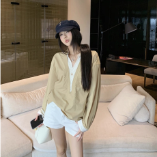 批发实价设计感老钱风假两件撞色长袖衬衫女宽松休闲衬衣百搭V领上衣