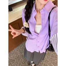 批发实价通勤<b class='q'>气质</b>紫色长袖衬衫女装2026春季新款拼接翻袖别致上衣<b class='q'>外套</b>