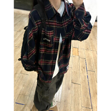 批发实价美式复古<b class='q'>街头</b>酒红色格子衬衫女春秋新款设计感宽松衬衣外套潮