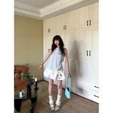 批发实价纯欲辣妹小个子露肩无袖格纹衬衫女夏季设计感挂脖背心上衣