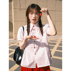 批发实价韩系ins学院风<b class='q'>甜美</b>条纹衬衫夏季新款少女感宽松显瘦上衣百搭