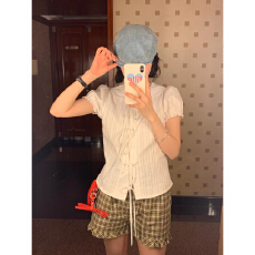 批发实价法式温柔气质娃娃领绑带泡泡袖短款系带上衣女夏季新款小个子