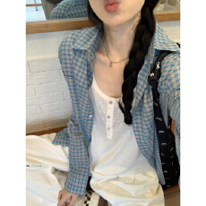 批发实价叠穿宽松长袖衬衣外套chic韩系港味复古慵懒风蓝色格子开衫女