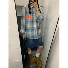 批发实价美式小众设计感蓝色格子衬衫女<b class='q'>春秋</b>新款小个子薄款慵懒风上衣