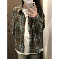 批发实价美式复古撞色格子衬衫女<b class='q'>春秋</b>薄款宽松防晒衬衣中长款休闲上衣