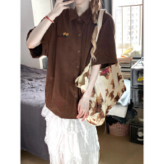 批发实价日系港风简约美拉德短袖衬衫女复古<b class='q'>街头</b>夏宽松bf百搭衬衣外套