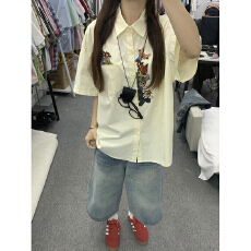 批发实价日系复古卡通刺绣衬衫女<b class='q'>短袖</b>宽松<b class='q'>情侣</b><b class='q'>百搭</b>休闲上衣服夏季新款