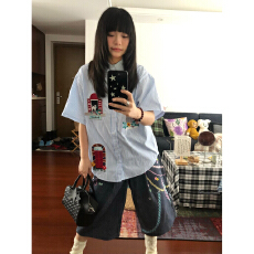 批发实价重工刺绣<b class='q'>条纹</b>短袖<b class='q'>衬衫</b>女休闲夏季百搭别致慵懒感薄上衣新款