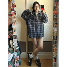 批发实价美式复古格子衬衫女春季新款宽松毛呢外套设计感小众<b class='q'>长袖</b>上衣