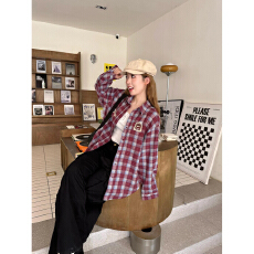 批发实价美式刺绣复古格子<b class='q'>长袖</b>衬衫女春季新款休闲宽松中长款防晒上衣