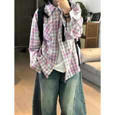 批发实价晕染撞色格子长袖<b class='q'>防晒</b>衬衫女早秋百搭薄款设计感叠穿上衣<b class='q'>外套</b>