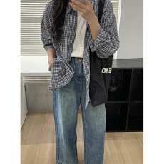 批发实价韩系复古慵懒风蓝色格纹长袖衬衫女装早秋休闲上衣<b class='q'>防晒</b><b class='q'>外套</b>