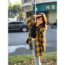 批发实价美式复古黄色格子<b class='q'>长袖</b><b class='q'>衬衫</b>女春夏百搭设计感慵懒风<b class='q'>衬衣</b>外套