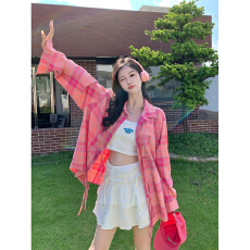 批发实价美式复古粉色格子衬衫女秋季新款防晒衬衣外穿设计感小众上衣