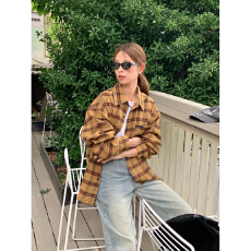 批发实价秋冬色姜黄格子长袖衬衫女秋季新款复古休闲情侣百搭上衣外套