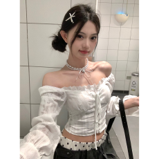 批发实价春季新款收腰短款甜辣上衣潮<b class='q'>白色</b>蕾丝系带一字肩泡泡袖<b class='q'>衬衫</b>女