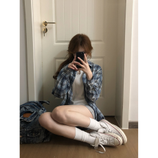 批发实价格子长袖<b class='q'>衬衫</b>女装秋季新款韩版甜酷设计感宽松中长款防晒开衫