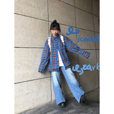 批发实价美式复古慵懒风蓝色格子长袖<b class='q'>衬衫</b>女春夏新款休闲<b class='q'>情侣</b><b class='q'>衬衣</b>外套