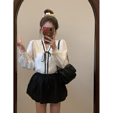 批发实价长袖内搭外穿白色甜美<b class='q'>上衣</b>法式复古千金风系带蝴蝶结衬衫女装