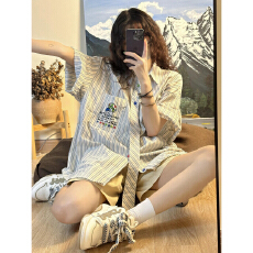 批发实价条纹蘑菇刺绣开衫翻领外套男女夏季休闲<b class='q'>衬衫</b>潮新款