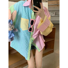 批发实价设计感小众甜美糖果色撞色拼接条纹长袖<b class='q'>衬衫</b>上衣女秋季新款