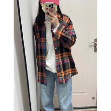 批发实价港味复古撞色格子<b class='q'>衬衫</b>外套女秋季新款宽松慵懒风长袖上衣潮