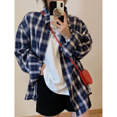 批发实价男友风蓝色格子<b class='q'>衬衫</b>外套女春秋新款设计感复古长袖上衣开衫潮