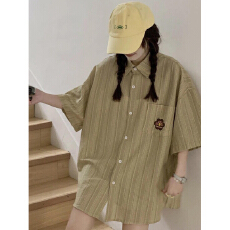 批发实价日系复古花朵<b class='q'>刺绣</b>条纹短袖<b class='q'>衬衫</b>女宽松别致设计感小众港味<b class='q'>衬衣</b>