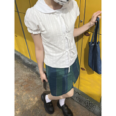 批发实价甜美<b class='q'>娃娃领</b>系带蝴蝶结泡泡袖<b class='q'>衬衫</b>女夏季清新别致百搭短款小衫