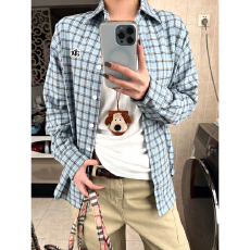 批发实价韩系复古蓝格纹字母绣花<b class='q'>衬衫女</b>春秋宽松休闲百搭长袖上衣外套