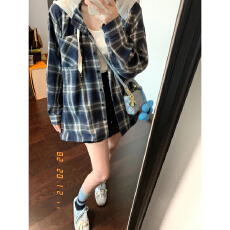 批发实价复古连帽<b class='q'>格子衬衫</b>女新款韩版宽松慵懒风小个子衬衣防晒外套