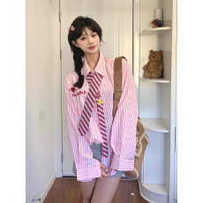 批发实价学院风领带条纹粉色长袖衬衫女装早秋韩版甜美设计感百搭上衣