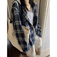 批发实价复古连帽早秋韩版<b class='q'>格子衬衫</b>女宽松慵懒风小个子衬衣防晒外套