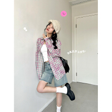 批发实价早秋百搭薄款设计感长袖防晒<b class='q'>衬衫</b>女晕染撞色<b class='q'>格子</b>叠穿上衣外套