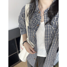 批发实价韩系早秋休闲蓝色格纹长袖<b class='q'>衬衫</b>女装复古慵懒风上衣防晒外套