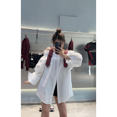 批发实价韩版长袖衬衫女装早秋<b class='q'>新款</b>撞色一字肩设计感蝴蝶结吊带上衣