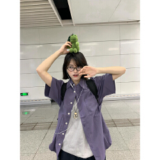 批发实价夏季复古文艺穿搭紫色短袖<b class='q'>衬衫</b>上衣女设计感小众<b class='q'>男</b>女翻领<b class='q'>衬衣</b>