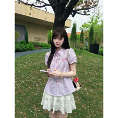 实价韩系ins学院风甜美条纹衬衫夏季新款少女感宽松显瘦上衣百搭