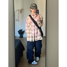 批发实价美式复古不规则拼接格纹衬衫女夏秋设计感百搭长袖上衣外套潮